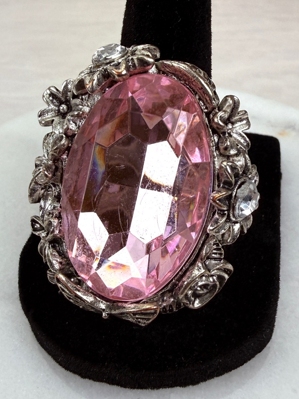 Large Pink Faceted Stone Floral Stretch Ring Silver Tone Adjustable